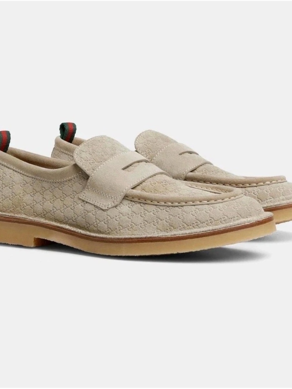 NWT Gucci Beige Suede Monogram Penny Loafers US 9